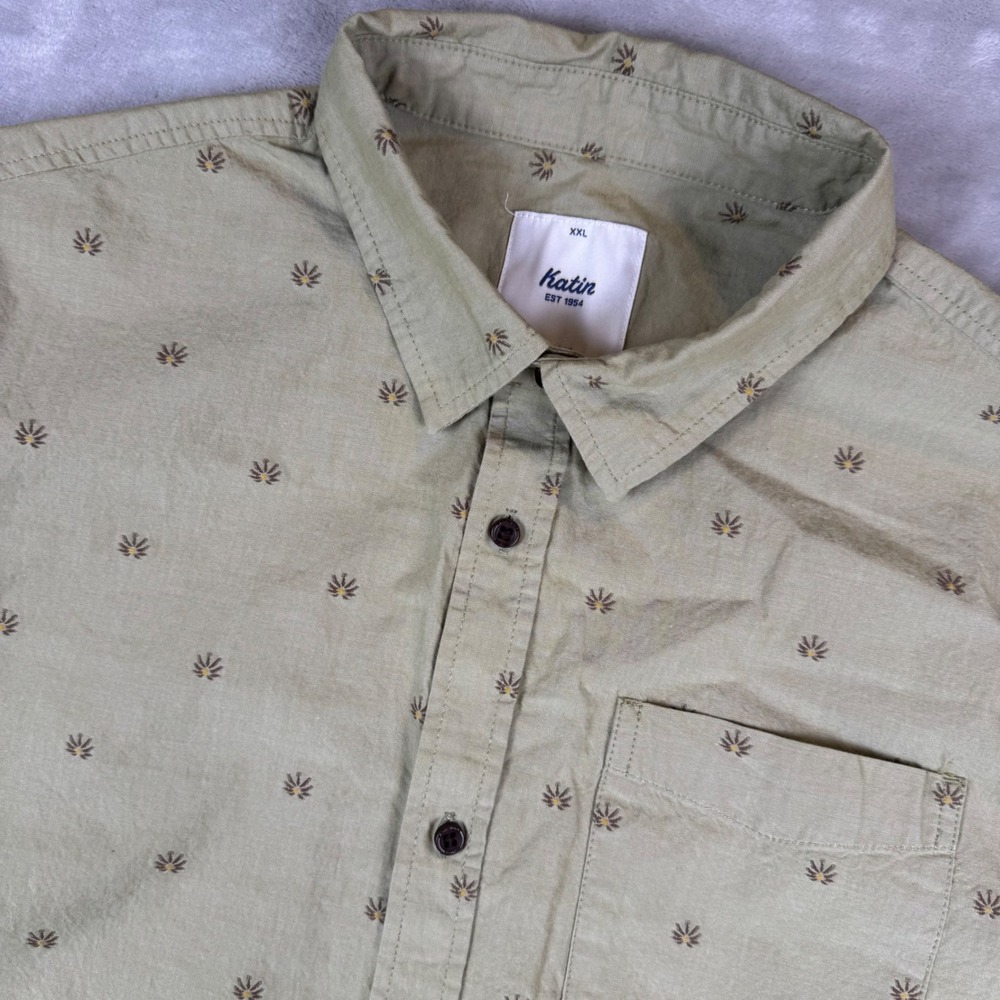 Katin Mens‎ Short Sleeve Button Up Shirt Khaki Leaf Print Casual XXL